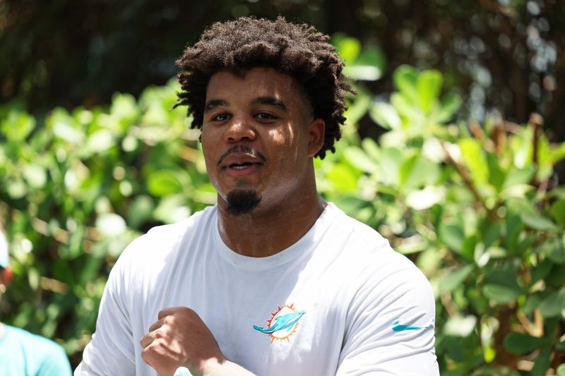Miami Dolphins linebacker Chop Robinson (44) speaking to media after mini camp at Baptist Health Training Complex.