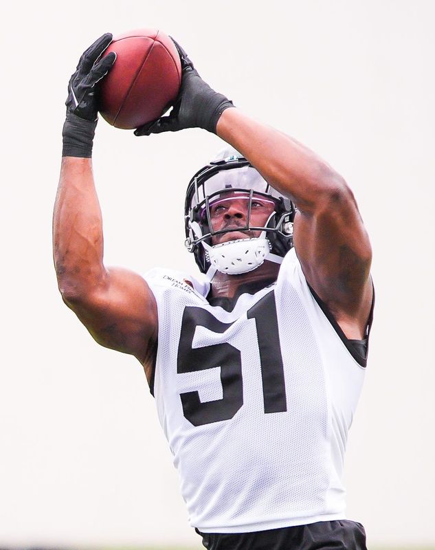 Jaguars linebacker Ventrell Miller (51) catches a pass during drills during the Jaguarsâ€™ fourth OTA of the year, Monday June 1, 2026 at the Miller Electric Center in Jacksonville, Fla. [Doug Engle/Florida Times-Union]