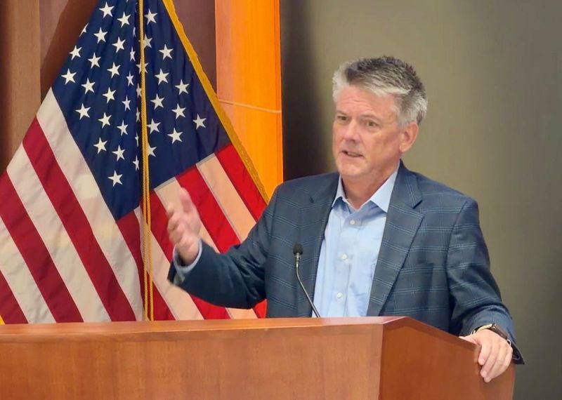 Brian Hughes, newly appointed director of NASA's Kennedy Space Center, addresses the Space Florida board of directors Tuesday, June 2, at Orlando International Airport.
