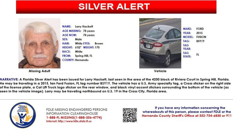A Florida Silver Alert was issued June 2, 2026, for Larry Hackett, 78, of Spring Hill.