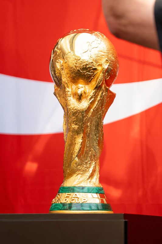 The FIFA World Cup trophy sits on a podium before being covered during The FIFA World Cup™ Trophy Tour, sponsored by Coca Cola, at the American Dream Mall on Wednesday, June 3, 2026, in East Rutherford.