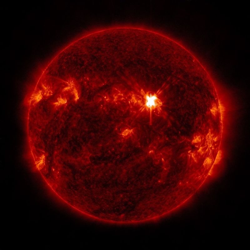 NASA’s Solar Dynamics Observatory captured this image of a solar flare — seen as the bright flash toward the upper right — on June 3, 2026. The image shows a subset of extreme ultraviolet light that highlights the extremely hot material in flares.