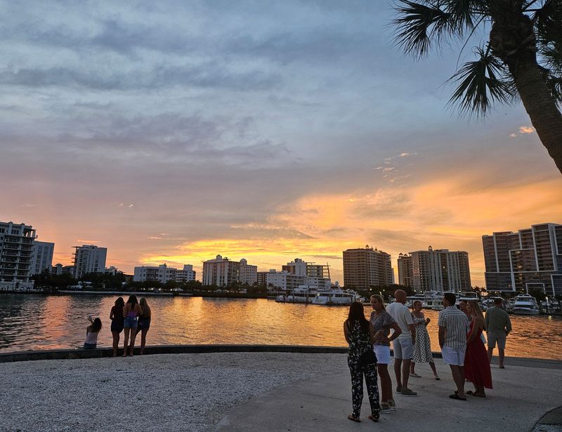 Bayfront Park in downtown Sarasota photographed at sunset on Saturday, May 30, 2026, before trees were removed. Contractors working for the City of Sarasota on Wednesday, June 3, 2026, hauled away cut trees. Workers removed trees between the marina and parking lot, and around the Unconditional Surrender statue.