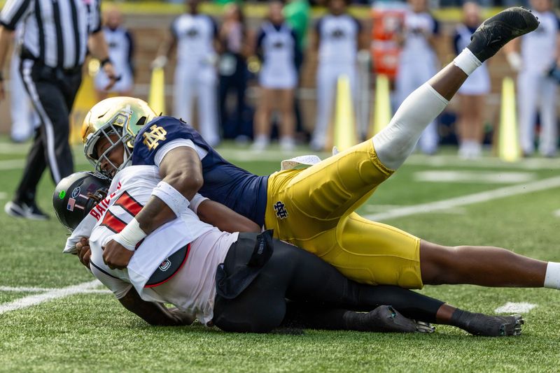 Oct 11, 2025; South Bend, Indiana, USA;Notre Dame Fighting Irish defensive lineman Boubacar Traore (5) sacks NC State Wolfpack quarterback CJ Bailey (11) during the first half at Notre Dame Stadium. Mandatory Credit: Michael Caterina-Imagn Images