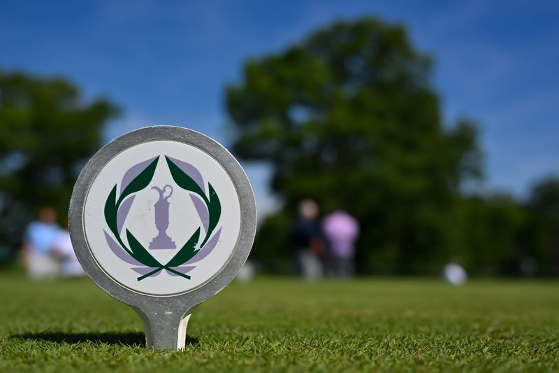 Jun 4, 2026; Dublin, Ohio, USA; The tournament logo is seen on a tee marker on the first tee box during the first round of the Memorial Tournament presented by Workday golf tournament. Mandatory Credit: Aaron Doster-Imagn Images