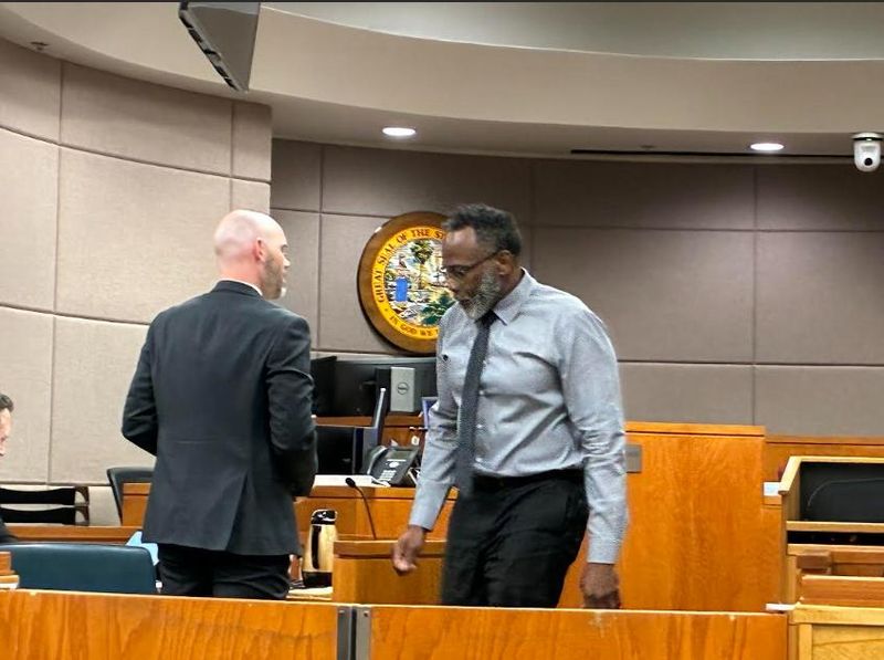 Dermon Kenneth Thomas, right, returns to his seat after testifying at his June 3, 2026 trial.