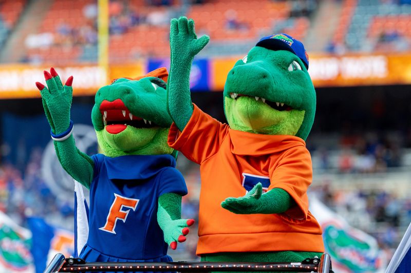 Nov 29, 2025; Gainesville, Florida, USA; Albert Gator and Alberta Gator before the game against the Florida State Seminoles at Ben Hill Griffin Stadium. Mandatory Credit: Bob Kupbens-Imagn Images