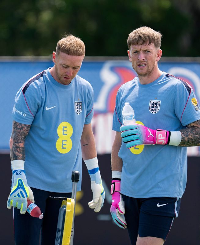 Jason Steele, left, and Jordan Pickford, right, of the England national football team during training at The Gardens North County District Park on June 5, 2026 in Palm Beach Gardens, Florida.