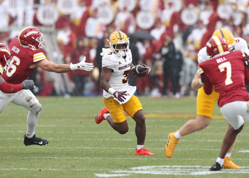 Nov 1, 2025; Ames, Iowa, USA; Arizona State Sun Devils running back Raleek Brown (3) runs the football against the Iowa State Cyclones during the first half at Jack Trice Stadium. Mandatory Credit: Reese Strickland-Imagn Images