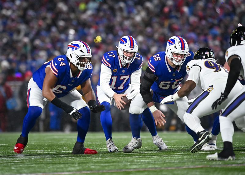 Jan 19, 2025; Orchard Park, New York, USA; Buffalo Bills quarterback Josh Allen (17) with center Connor McGovern (66) and guard O'Cyrus Torrence (64) against the Baltimore Ravens in the first quarter of a 2025 AFC divisional round game at Highmark Stadium. Mandatory Credit: Mark Konezny-Imagn Images