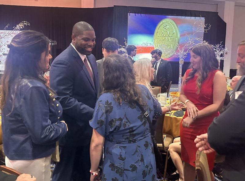 Florida Congressman Byron Donalds, the frontrunner for governor in the 2026 campaign, greets attendees at the Volusia County Republicans' Trump Golden Age of America dinner at the Ocean Center in Daytona Beach on June 7, 2026.