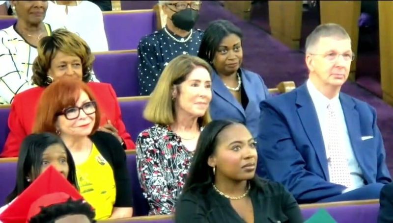 From left, Gayle Andrews, Gwen Graham, Steve Hurm at Bethel Baptist, June 7, 2026, where Rev. RB Holmes mentioned her as David Jolly's running mate.