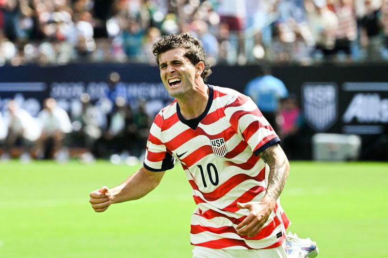 May 31, 2026; Charlotte, North Carolina, USA; United States of America forward Christian Pulisic (10) reacts after scoring in the first half at Bank of America Stadium. Mandatory Credit: Bob Donnan-Imagn Images