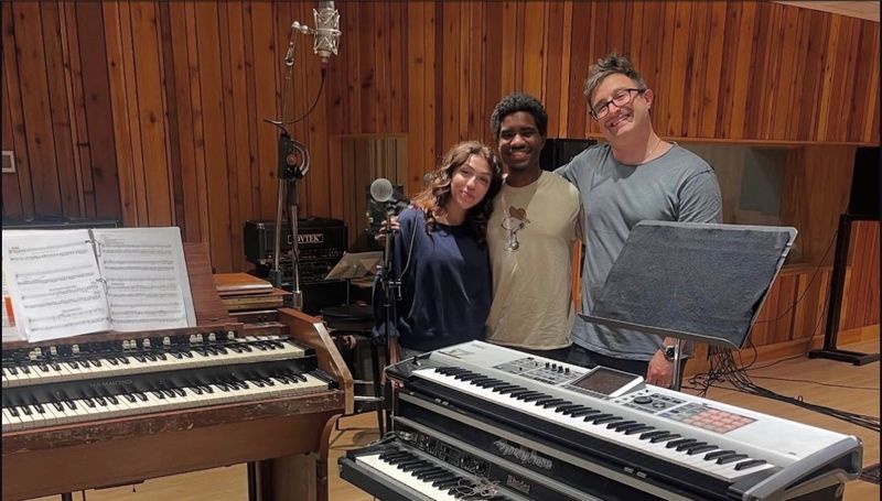 Young Actors Theatre students with David Reiser in the recording studion in New York City for "Joni & the Whale."