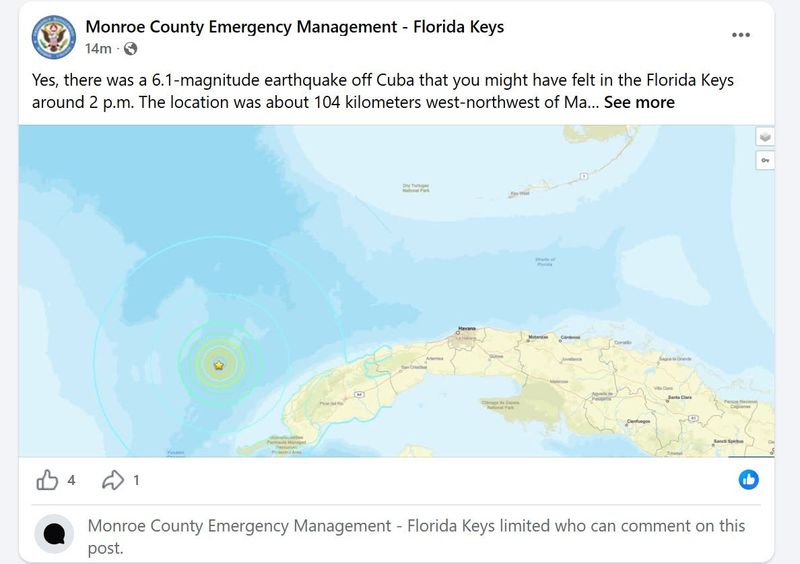 This screen grab of a Facebook post confirms that an earthquake initiated offshore of Cuba June 8. Many residents in Southwest Florida and even Central Florida felt the ground tremble.