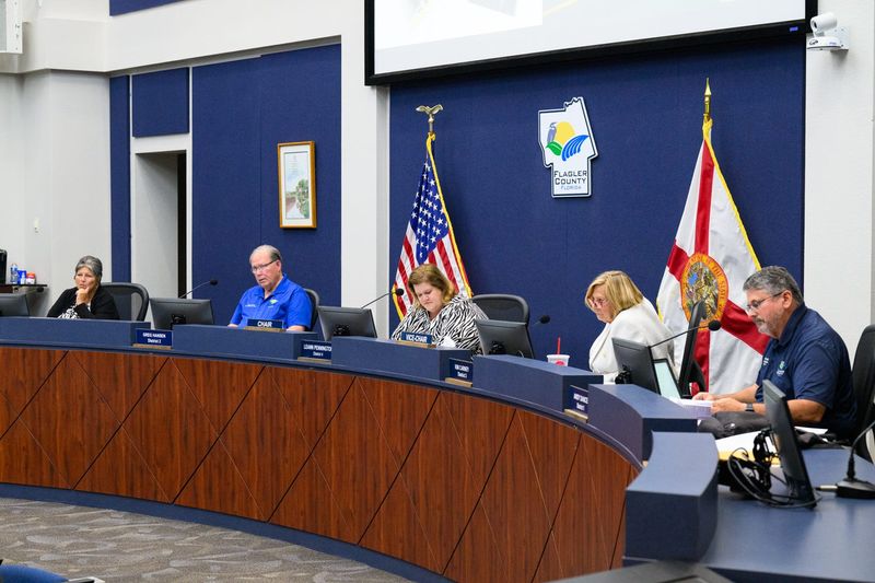 Flagler County Commissioners watch a speaker during a Board of County Commissioners meeting, June 8, 2026, in Bunnell.