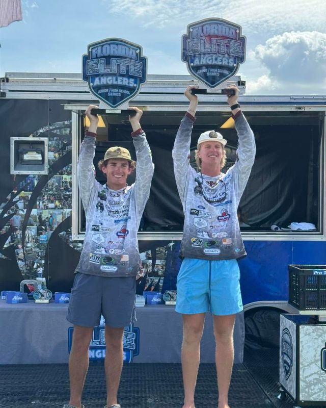 Brody Beam (right) and Connor Crawford (left) raise the first-place trophy after winning the Florida Elite Anglers State Championship on June 8, 2026. Both will be competing in nationals at Lake Cumberland in Russell Springs, Kentucky, on June 23-27.