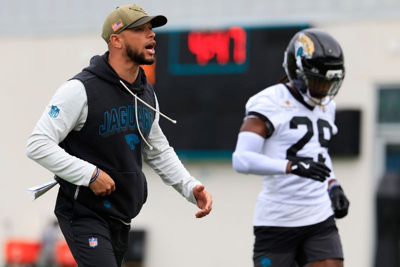Jacksonville Jaguars defensive pass game coordinator Mathieu Araujo coaches during the first day of minicamp at the Miller Electric Center, Tuesday, June 9, 2026, in Jacksonville, Fla.