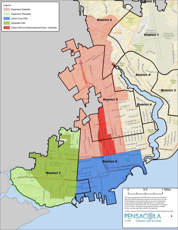 A city map shows the proposed expansion of Pensacola's Community Redevelopment Area.