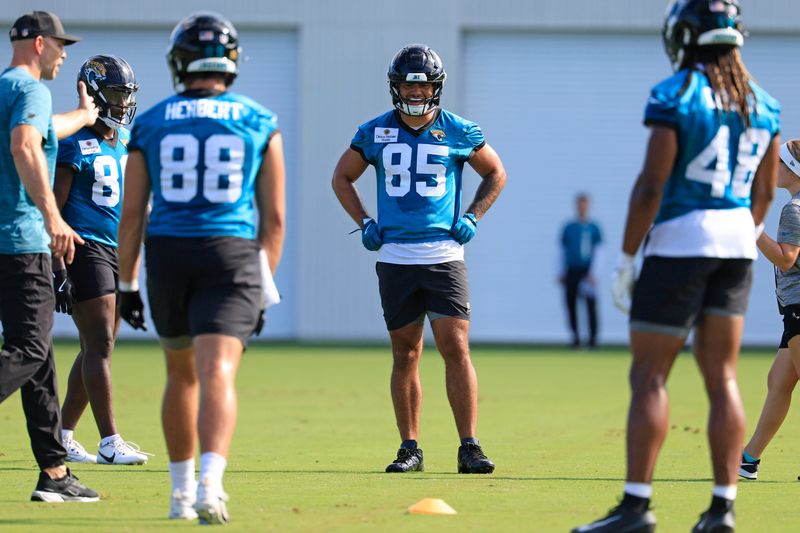 Jacksonville Jaguars tight end Brenton Strange (85) looks on during the third day of minicamp at the Miller Electric Center, Thursday, June 11, 2026, in Jacksonville, Fla.