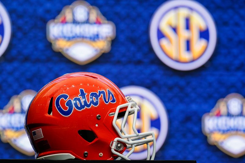 Jul 20, 2022; Atlanta, GA, USA; The Florida Gators helmet on the stage during SEC Media Days at the College Football Hall of Fame. Mandatory Credit: Dale Zanine-USA TODAY Sports
