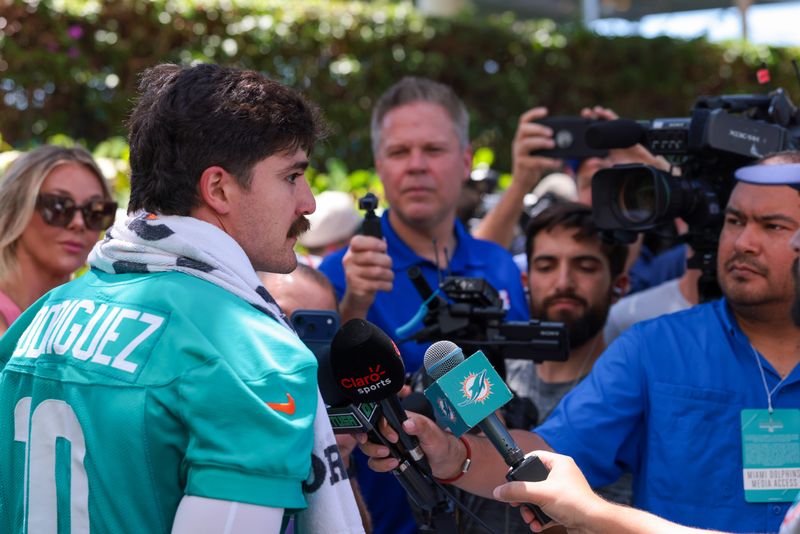 May 8, 2026; Miami Gardens, FL, USA; Miami Dolphins inside linebacker Jacob Rodriguez (10) speaks to reporters during rookie minicamp at Baptist Health Training Complex. Mandatory Credit: Sam Navarro-Imagn Images