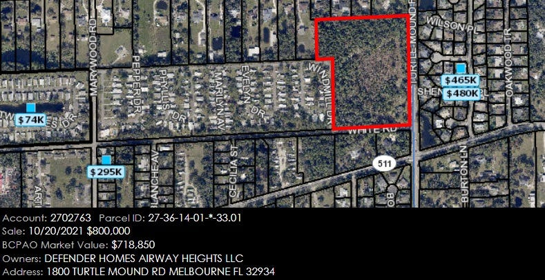 A developer is asking Brevard to approve a zoning change that would increase from 14 to 86 the number of homes could be built on a 14-acre site off Turtle Mound Road, just north of Aurora Road.