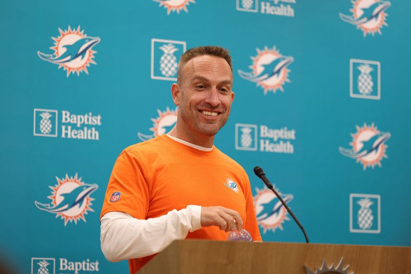 Jun 2, 2026; Miami Gardens, FL, USA; Miami Dolphins head coach Jeff Hafley smiles during the press conference for mini camp at Baptist Health Training Complex. Mandatory Credit: Isabella Frias-Imagn Images
