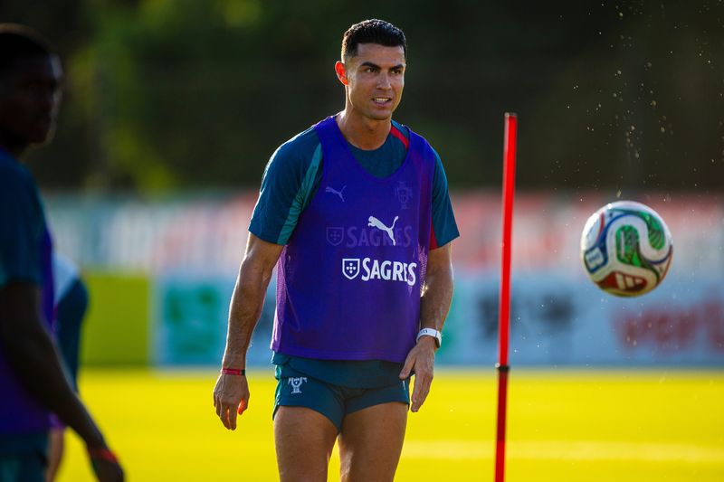 Cristiano Ronaldo of Portugal seen in action during the training session at Palm Beach Gardens Pickleball and Tennis Center in Palm Beach Gardens Florida on June 13, 2026.