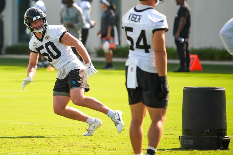 Jacksonville Jaguars linebacker Branson Combs (50) runs a drill as the Jaguars held their final Organized Team Activity on Monday, June 15, 2026 at the Miller Electric Center in Jacksonville, Fla. [Doug Engle/Florida Times-Union]