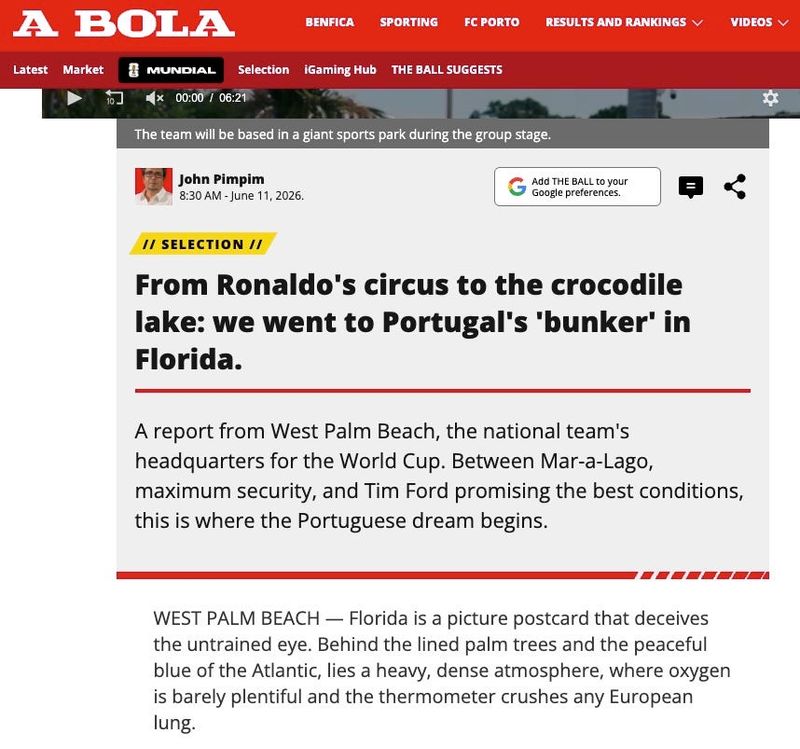 A screen shot of a story by journalist John Pimpim of the Portuguese newspaper A Bola, on his journey in Palm Beach County covering the Portugal national soccer team's stay in the area as they prepare for the World Cup.