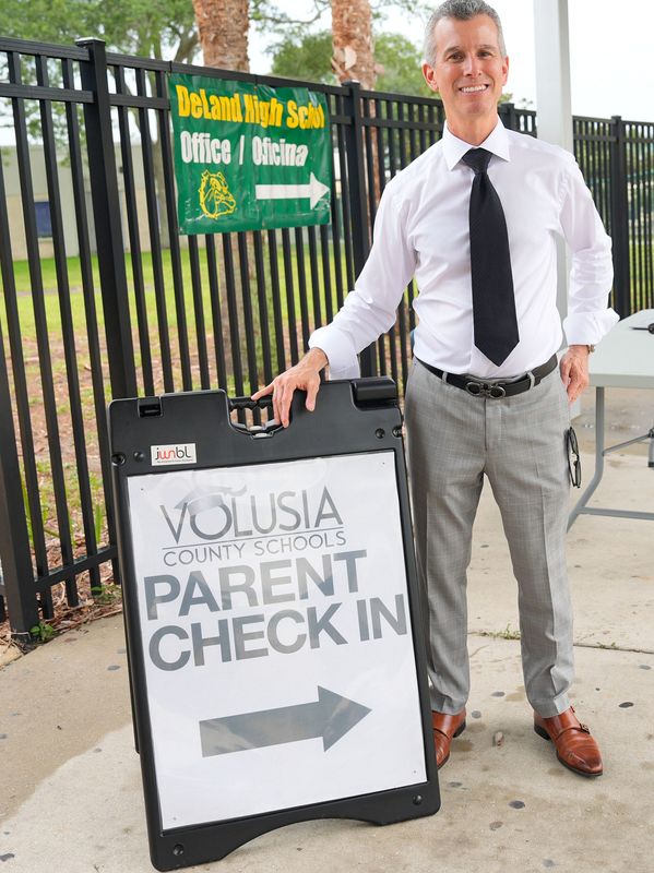 School safety advocate Max Schachter, whose son Alex was murdered at the Marjory Stoneman Douglas High School mass shootings in Parkland Feb. 14, 2018, poses for a photo at DeLand High School, June 15, 2026.
