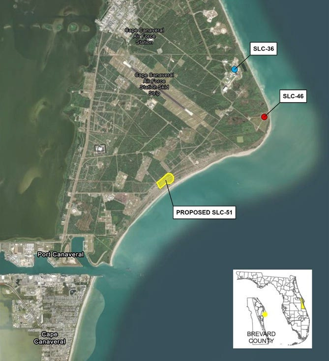 The area in yellow depicts the proposed Launch Complex 51 at Cape Canaveral Space Force Station.
