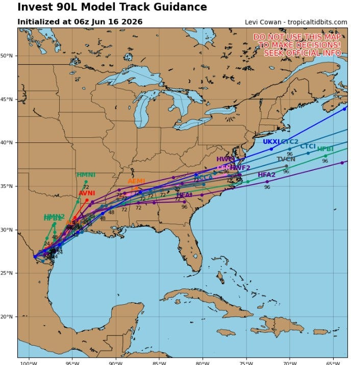Potential tracks for what could become Arthur, the first named tropical cyclone of 2026.