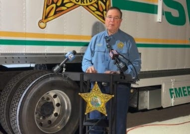 Polk County Sheriff Grady Judd briefs the media about a plane crash north of Lakeland on June 15, 2026, that killed the pilot.