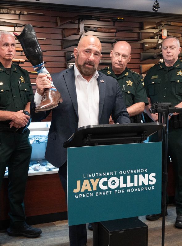 Lt. Gov. Jay Collins, center, talks about his campaign running to be governor during a press conference at the Grey Man Armory in Milton on June 16, 2026.