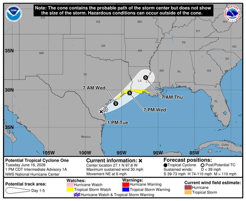 Experimental watches and warnings forecast cone for Potential Tropical Cyclone One (Arthur).