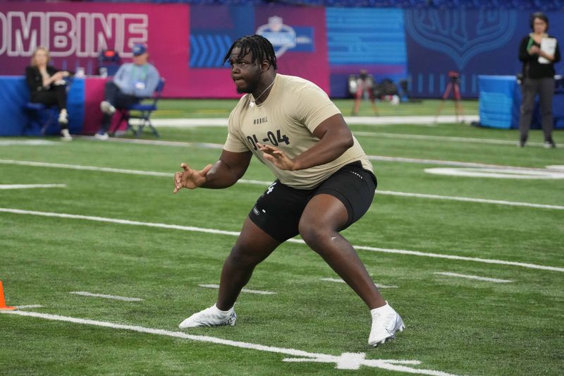 Mar 3, 2024; Indianapolis, IN, USA; Maryland offensive lineman Gottlieb Ayedze (OL04) during the 2024 NFL Scouting Combine at Lucas Oil Stadium. Mandatory Credit: Kirby Lee-USA TODAY Sports