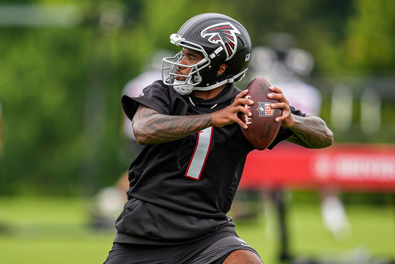 Jun 16, 2026; Atlanta, GA, USA; Atlanta Falcons quarterback Tua Tagovailoa (1) shown on the field during Minicamp. Mandatory Credit: Dale Zanine-Imagn Images