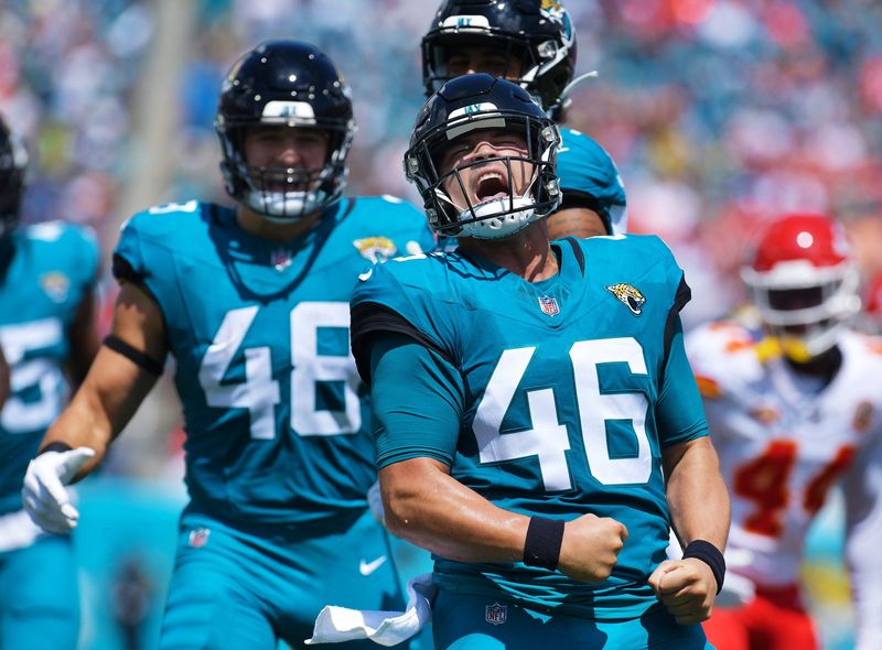 Jacksonville Jaguars long snapper Ross Matiscik (46) celebrates his tackle on Kansas City Chiefs wide receiver Richie James (17) after an early first quarter punt return. The Jacksonville Jaguars hosted the Kansas City Chiefs at EverBank Stadium in Jacksonville, FL Sunday, September 17, 2023. [Bob Self/Florida Times-Union]
