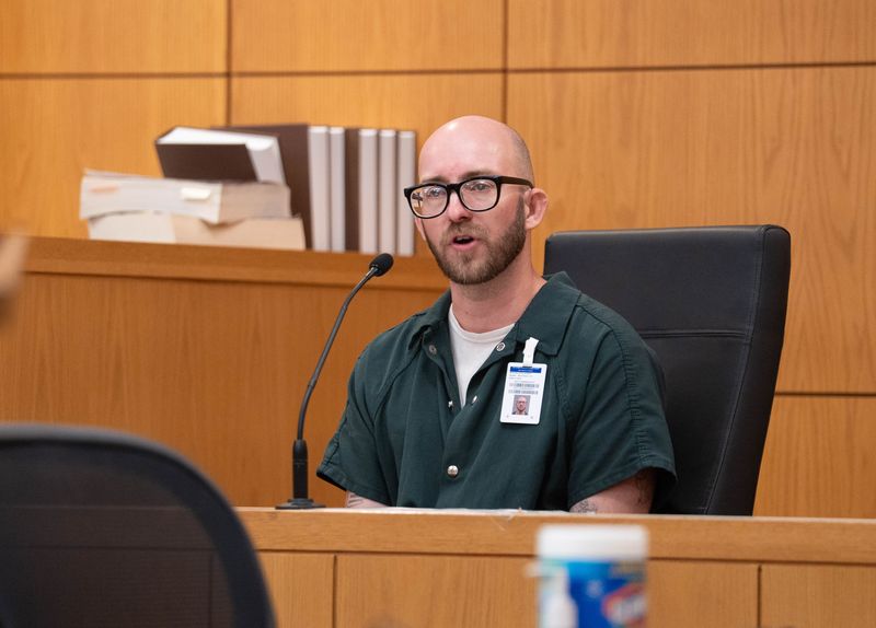 Kyle Harger answers questions on the stand during a post-conviction relief hearing at the M.C. Blanchard Judicial Building in Pensacola on June 17, 2026.