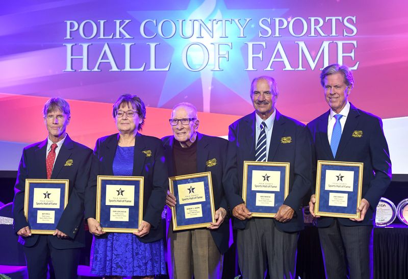 The Polk County Hall of Fame inductees from left; Ken Snell, Pam Lancaster, Bob Adams, Rod Shafer and Fred Ridley during the Polk County All Sport Awards at the RP Funding Center in Lakeland, Fl on Tuesday June 16, 2026.  Scott Wheeler | Photoduring the Polk County All Sport Awards at the RP Funding Center in Lakeland, Fl on Tuesday June 16, 2026.  Scott Wheeler | Photo