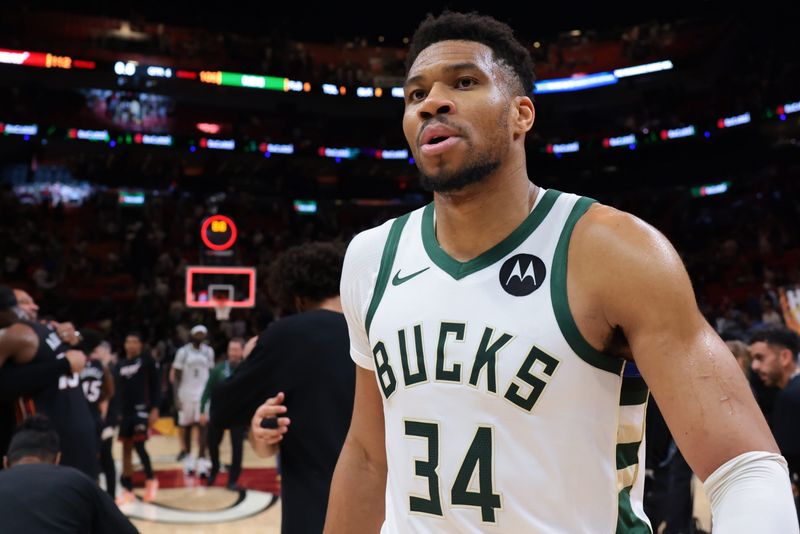Mar 12, 2026; Miami, Florida, USA; Milwaukee Bucks forward Giannis Antetokounmpo (34) looks on after the game against the Miami Heat at Kaseya Center. Mandatory Credit: Sam Navarro-Imagn Images