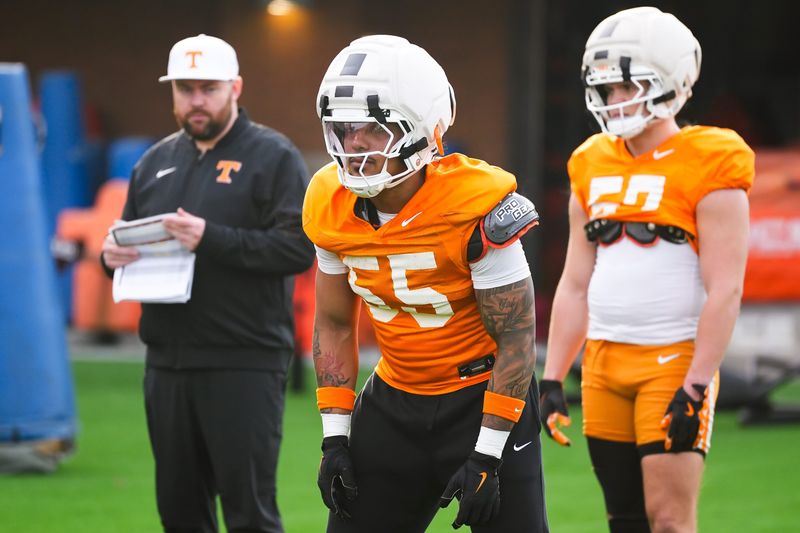 Tennessee linebacker Amare Campbell (55) during the Vols' spring football practice in Knoxville on March 19, 2026.