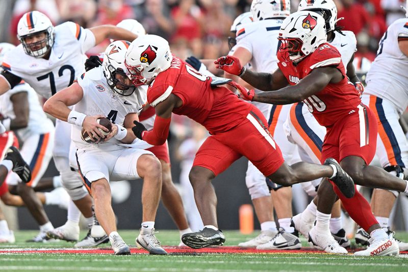 Oct 4, 2025; Louisville, Kentucky, USA; Louisville Cardinals linebacker Antonio Watts (9) sacks Virginia Cavaliers quarterback Chandler Morris (4) during the second half at L&N Federal Credit Union Stadium. Virginia defeated Louisville 30-27. Mandatory Credit: Jamie Rhodes-Imagn Images