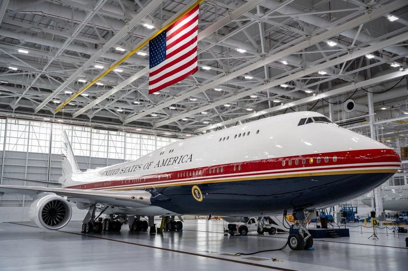 A VC-25B Bridge aircraft sits at Joint Base Andrews on the day President Donald Trump will view the Boeing 747-8, gifted by Qatar and set to be used as Air Force One, in Maryland, June 19, 2026.