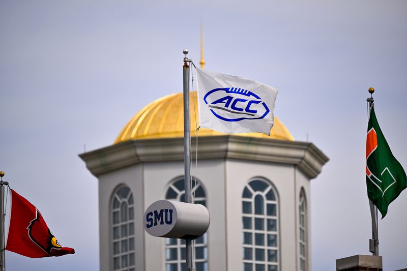 Nov 22, 2025; Dallas, Texas, USA;  A view of the ACC logo on a flag during the game between the Mustangs and the Cardinals at Gerald J. Ford Stadium. Mandatory Credit: Jerome Miron-Imagn Images