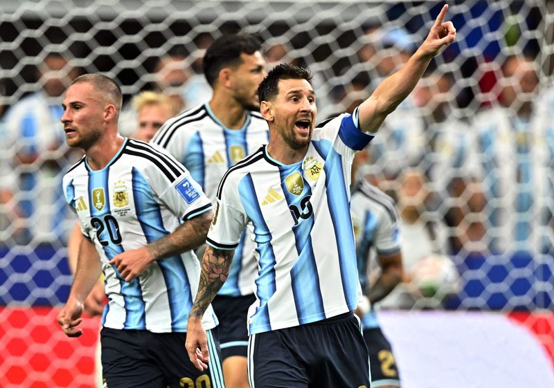 June 22, 2026; Arlington, Texas, U.S.; Argentina's Lionel Messi reacts.  Mandatory Credit: Maria Lysaker-Imagn Images