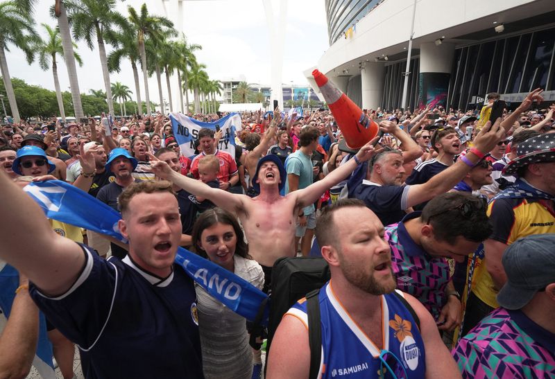 June 22, 2026; Miami, Florida, U.S.; Scotland fans outside LoanDepot Park after marching to the stadium for the Miami Marlins Major League Baseball game against Texas Rangers.  Mandatory Credit: Jim Rassol-Imagn Images