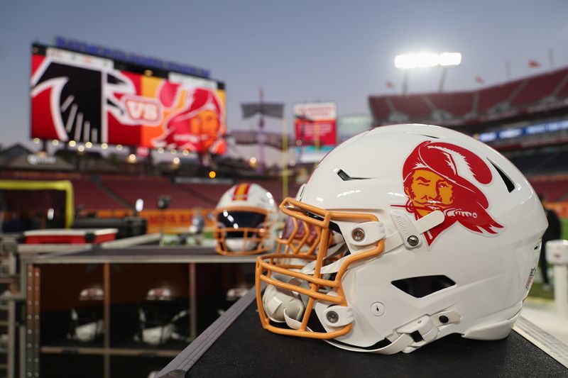Dec 11, 2025; Tampa, Florida, USA; A general view of a Tampa Bay Buccaneers football helmet before the game against the Atlanta Falcons at Raymond James Stadium.at Raymond James Stadium. Mandatory Credit: Nathan Ray Seebeck-Imagn Images